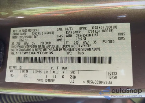 2023 Ford F-150 Xlt из США, поврежденный, VIN 1FTFW1E8XPFD30135